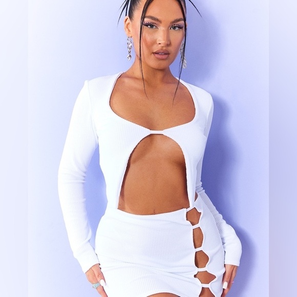 PrettyLittleThing Tops - PLT white cutout detail crop top | scoop neck long sleeve rib knit white top NWT